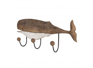 Hnědý antik dřevěný nástěnný věšák se 3-mi háčky Velryba - 53*10*23 cm