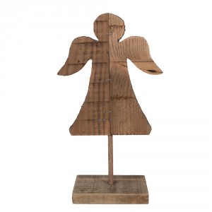 Hnědá antik dřevěná dekorace Anděl na podstavci - 18*8*30 cm