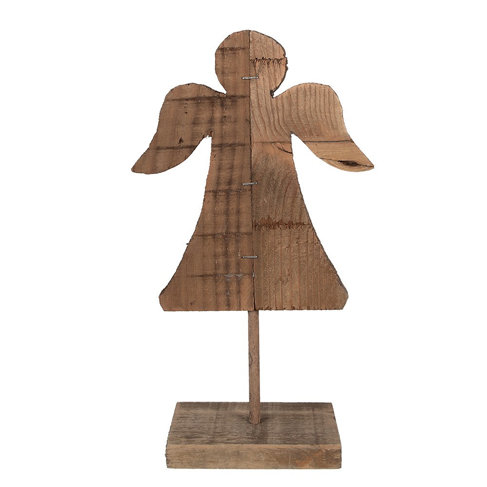 Hnědá antik dřevěná dekorace Anděl na podstavci - 18*8*30 cm