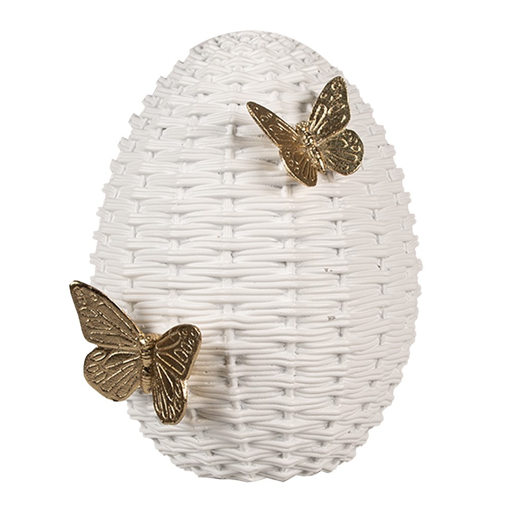 Dekorace bílé proutěné vajíčko se zlatými motýlky - 15*18*20 cm Clayre & Eef