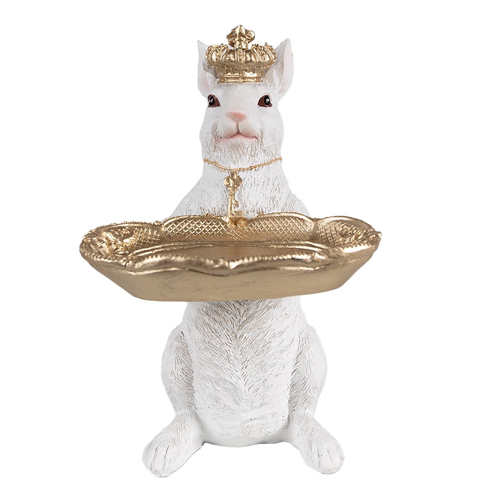 Bílo-zlatá dekorace králík s korunkou a podnosem - 16*13*22 cm Clayre & Eef