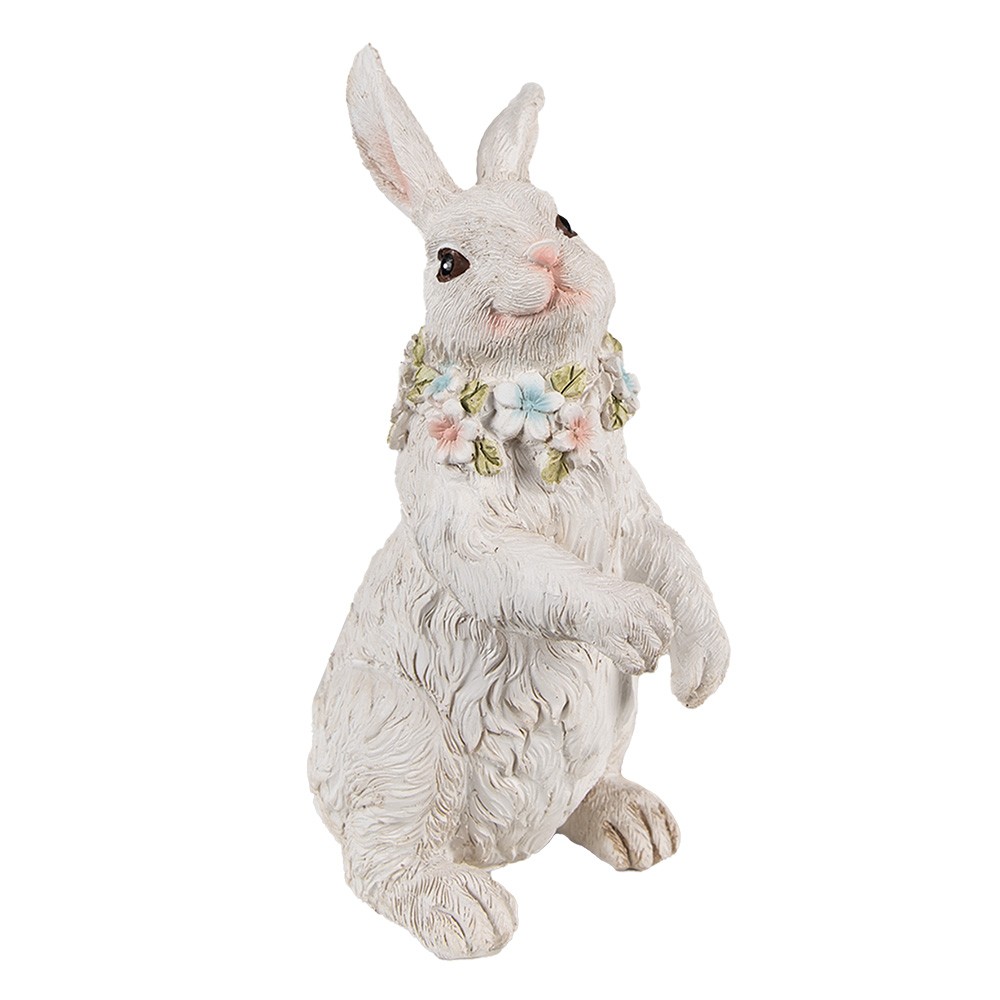 Levně Bílá antik dekorace králík s květy kolem krku - 12*9*20 cm 6PR4092
