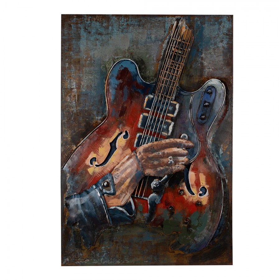 3D hnědo-modrý kovový obraz s kytarou Iron Guitar - 60*4*90 cm Clayre & Eef