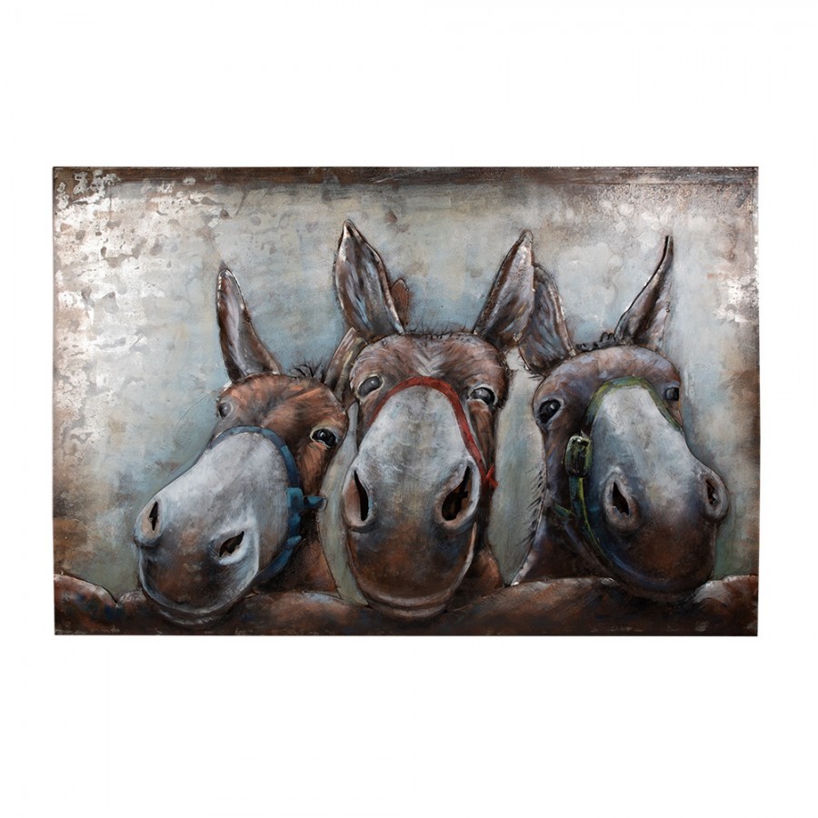 3D šedo-hnědý kovový obraz s oslíky Iron Donkey - 120*6*80 cm Clayre & Eef
