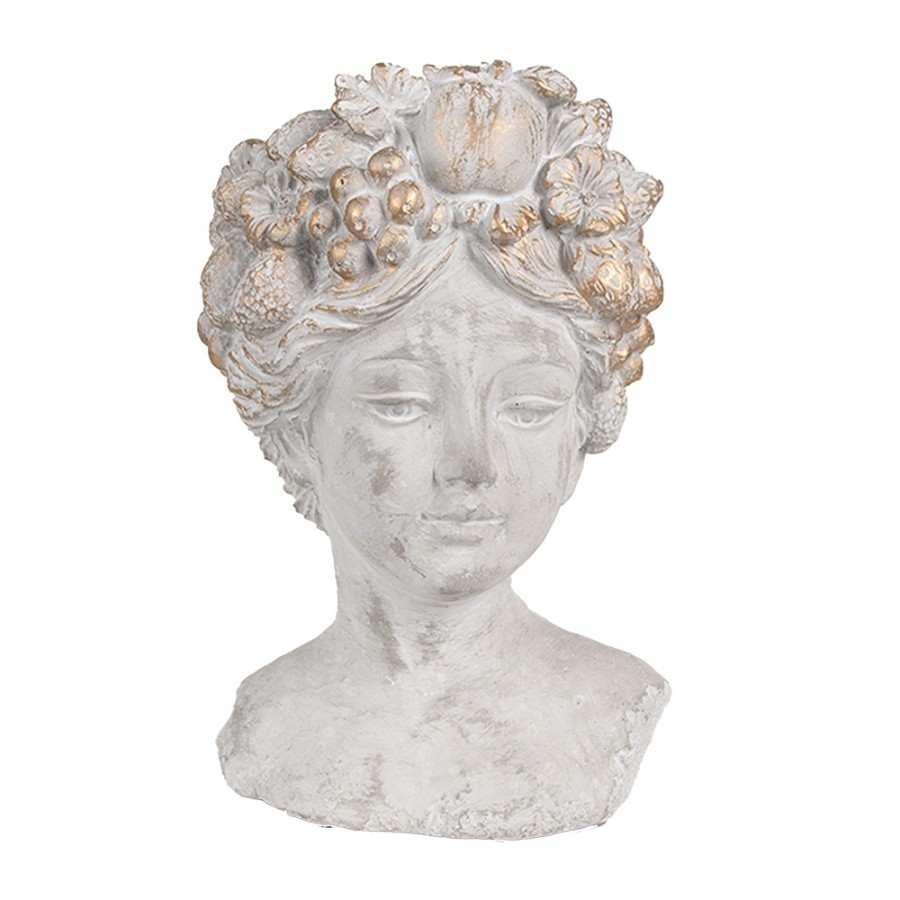 Šedý antik cementový květináč hlava ženy s květy S - 14*14*22 cm Clayre & Eef