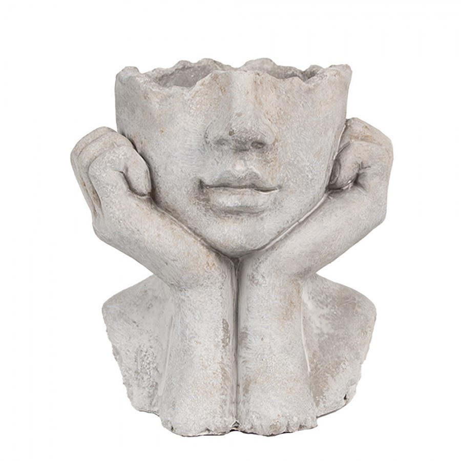 Šedý antik cementový květináč hlava ženy v dlaních S - 17*14*18 cm Clayre & Eef