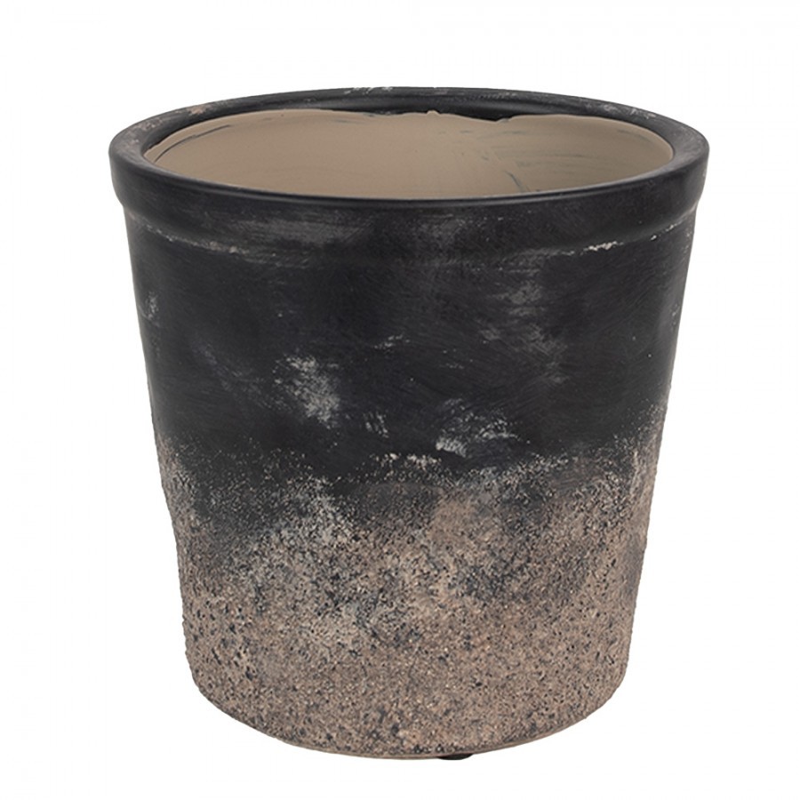 Černo-šedý keramický obal na květináč L - Ø 17*16 cm  Clayre & Eef