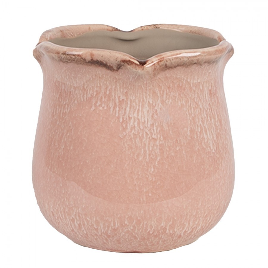 Růžový keramický obal na květináč s vlnitým okrajem M - Ø 12*12 cm Clayre & Eef