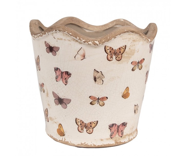 Béžový antik obal na květináč s motýlky Butterfly Paradise M - Ø 16*15 cm