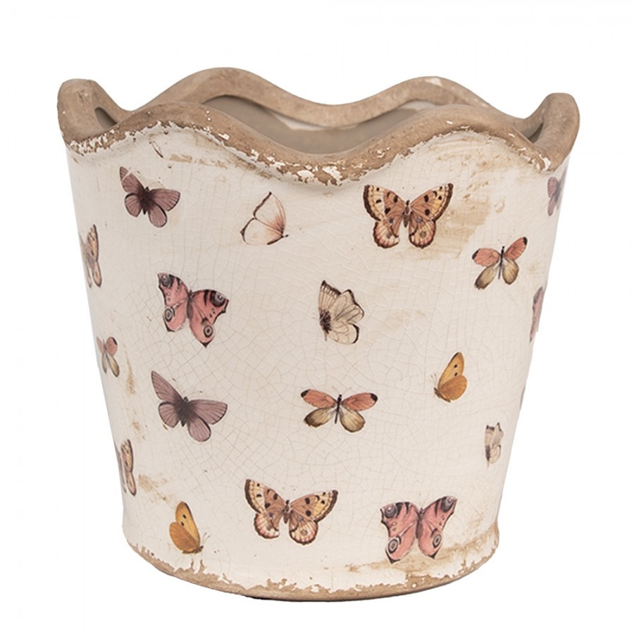 Béžový antik obal na květináč s motýlky Butterfly Paradise M - Ø 16*15 cm