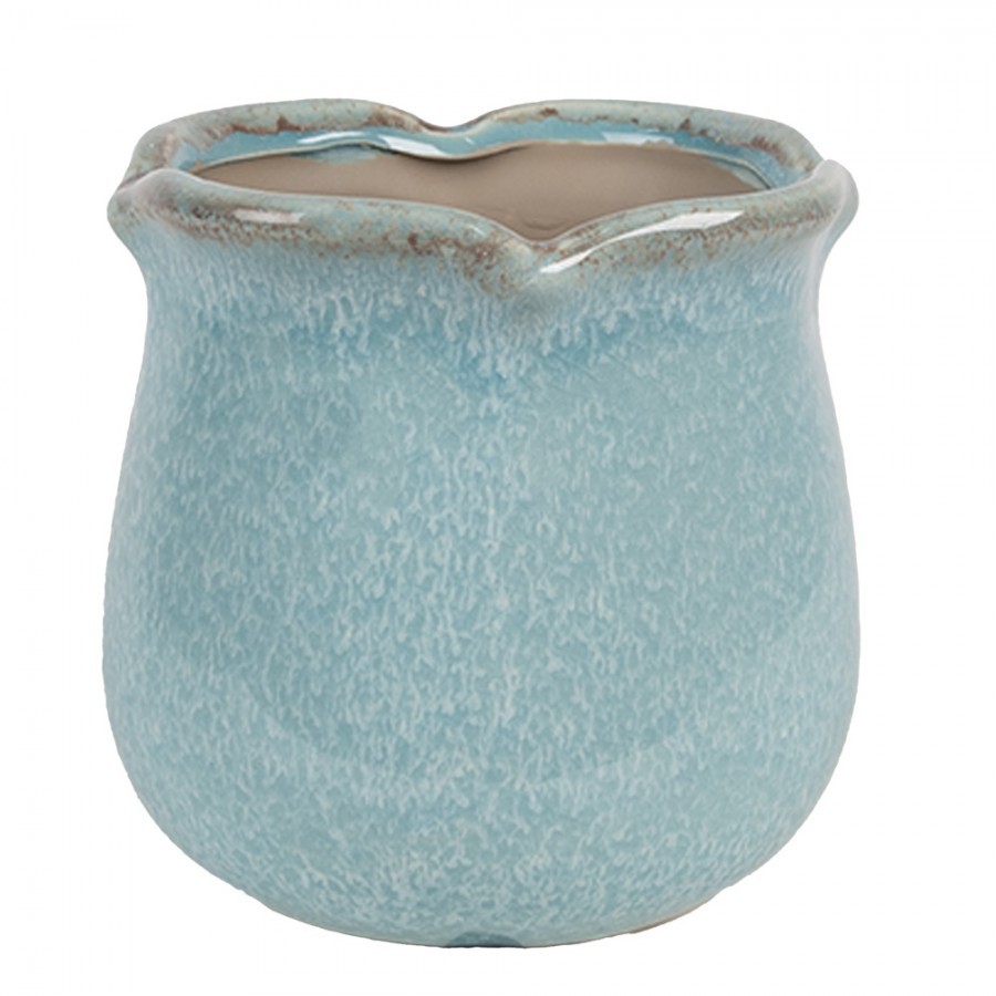 Modrý keramický obal na květináč s vlnitým okrajem M - Ø 12*12 cm Clayre & Eef