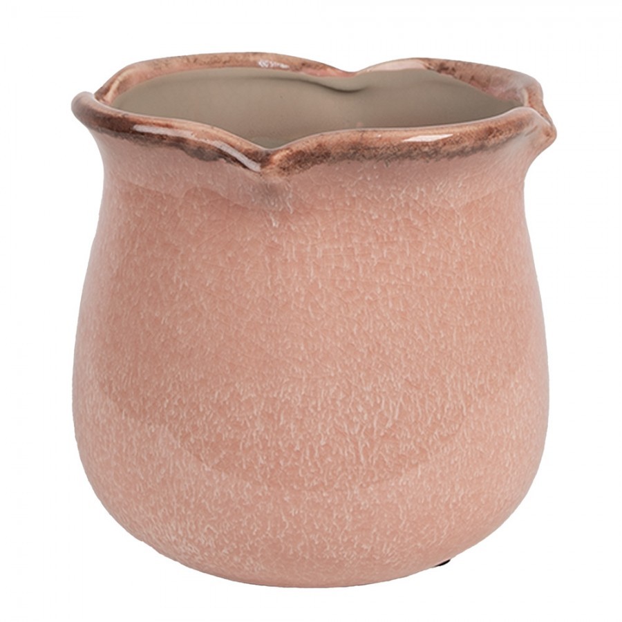 Růžový keramický obal na květináč s vlnitým okrajem L - Ø 16*15 cm