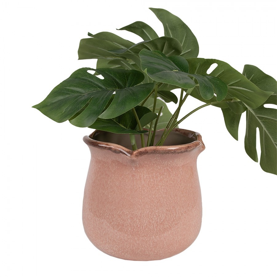 Růžový keramický obal na květináč s vlnitým okrajem L - Ø 16*15 cm
