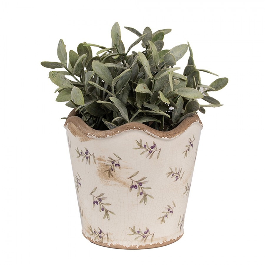Béžový antik obal na květináč s olivami Olive Fields M - Ø 16*15 cm
