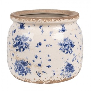 Béžový keramický obal na květináč s modrými růžemi Blue Rose M - Ø 16*13 cm