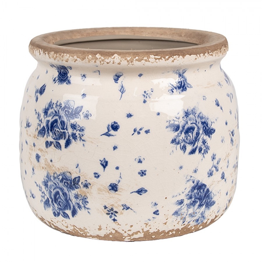 Béžový keramický obal na květináč s modrými růžemi Blue Rose M - Ø 16*13 cm