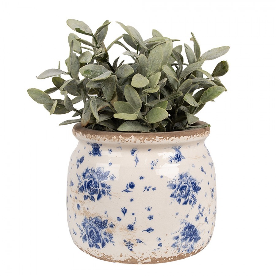 Béžový keramický obal na květináč s modrými růžemi Blue Rose M - Ø 16*13 cm