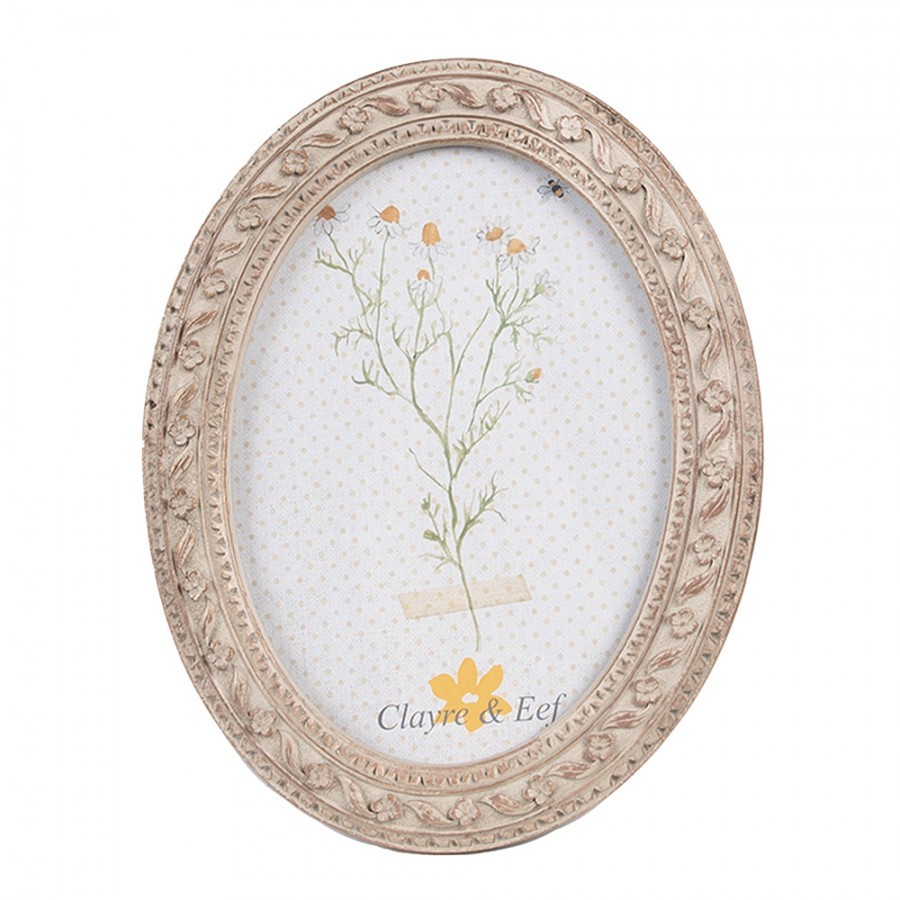 Béžovo-hnědý antik oválný fotorámeček s květy - 17*2*22 cm / 13*18 cm Clayre & Eef