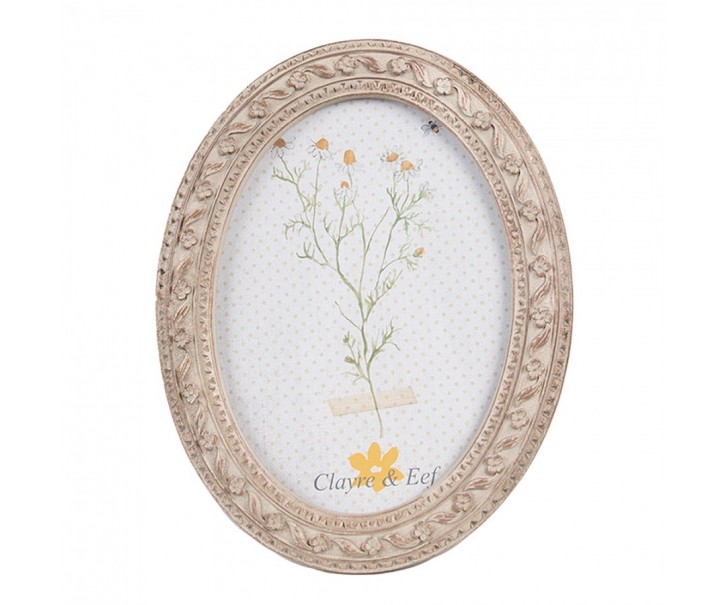 Béžovo-hnědý antik oválný fotorámeček s květy - 14*2*19 cm / 10*15 cm