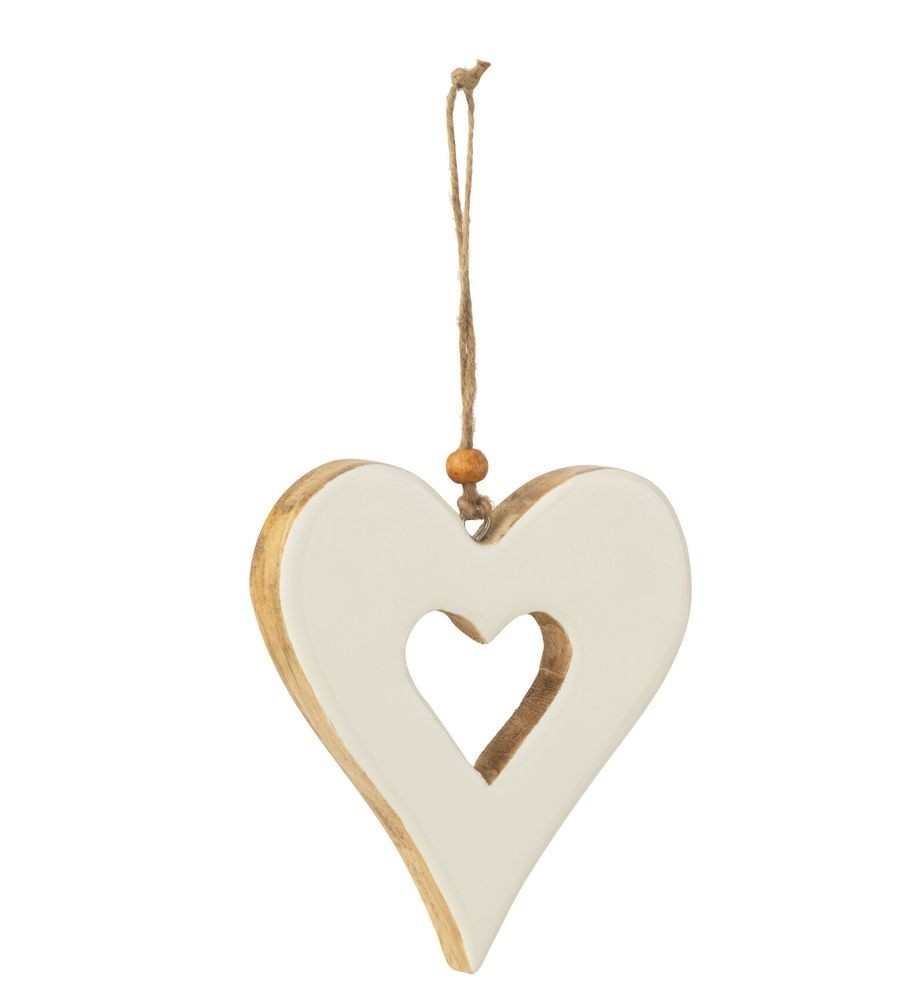 Hnědo-bílá dřevěná dekorace závěsné srdce - 10*1,5*11,5 cm 40135