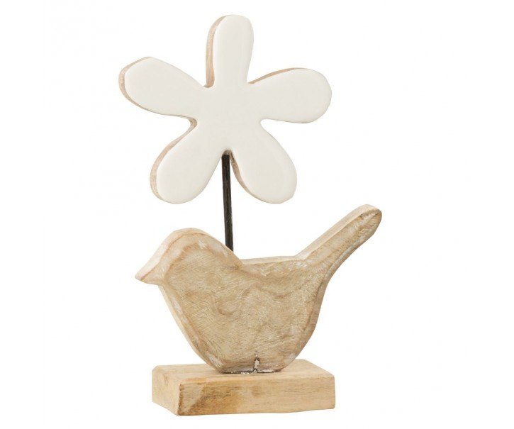 Dřevěná dekorace ptáček s bílou květinou - 12*5*19 cm