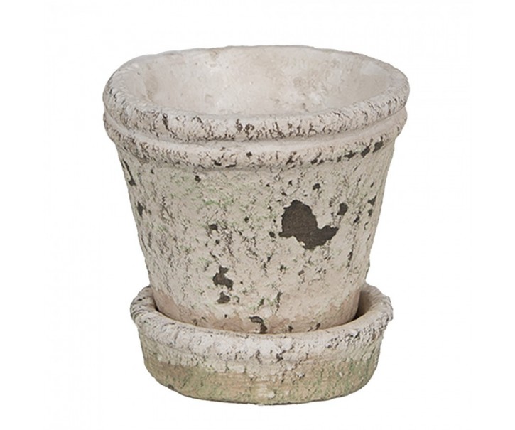Béžový antik cementový květináč s miskou S - Ø 9*9 cm 