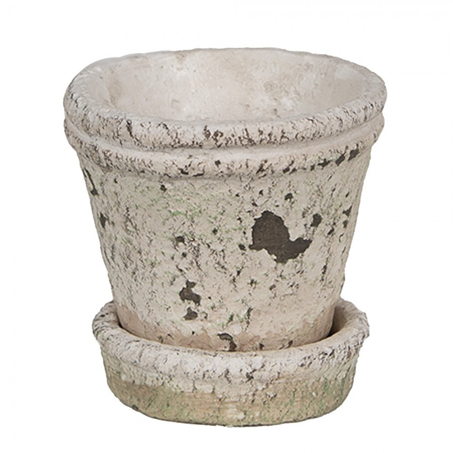 Béžový antik cementový květináč s miskou Provencal  S - Ø 9*9 cm  Clayre & Eef