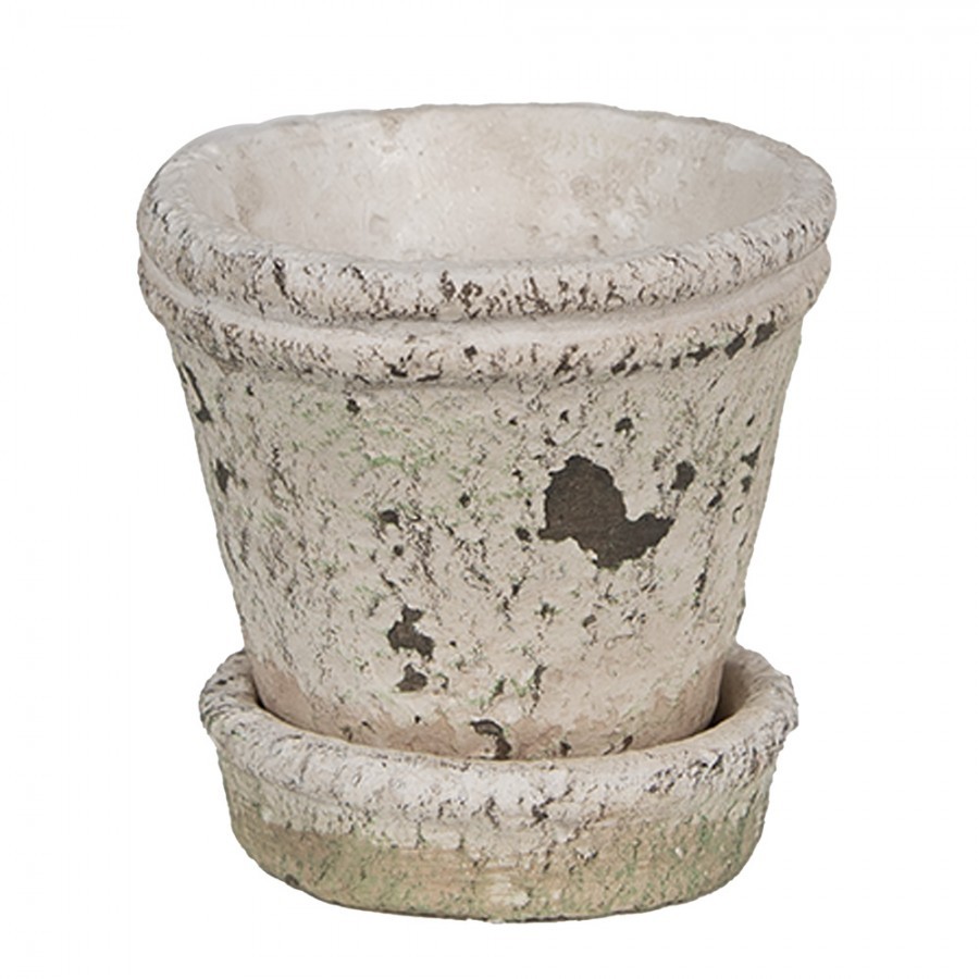 Béžový antik cementový květináč s miskou S - Ø 9*9 cm 