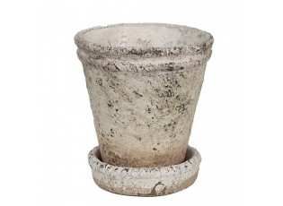Béžový antik cementový květináč s miskou M - Ø 11*12 cm 