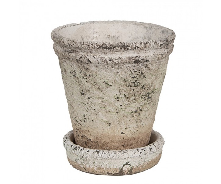 Béžový antik cementový květináč s miskou M - Ø 11*12 cm 