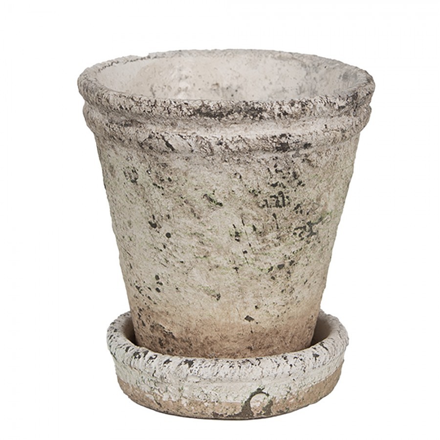 Béžový antik cementový květináč s miskou M - Ø 11*12 cm 