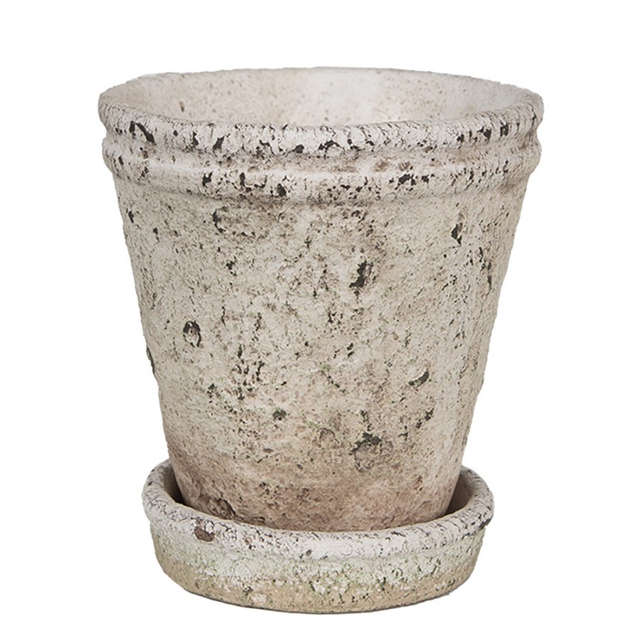 Levně Béžový antik cementový květináč s miskou Provencal L - Ø 13*14 cm 6TE0503L