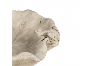 Béžové antik cementové krmítko pro ptáčky ve tvaru listu se žabkou - Ø 22*6 cm 