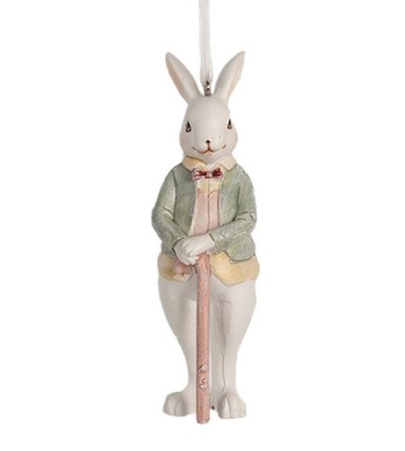Závěsná ozdobná dekorace králík v saku s holí - 4*4*10 cm Clayre & Eef