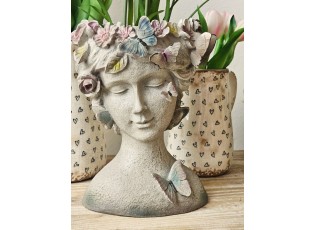 Šedý dekorativní květináč hlava ženy s květy a motýlky - 20*18*26 cm