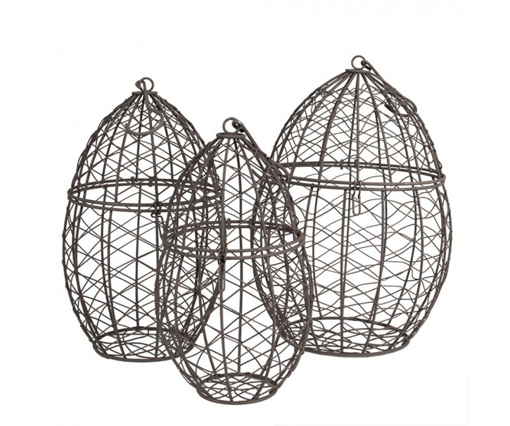 3ks hnědý závěsný dekorační koš ve tvaru vejce - Ø 19x30 / Ø 16x26 / Ø 13x24 cm 