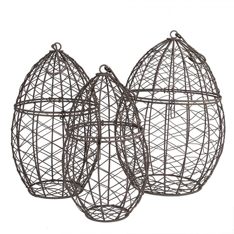 3ks hnědý závěsný dekorační koš ve tvaru vejce - Ø 19*30 / Ø 16*26 / Ø 13*24 cm  Clayre & Eef