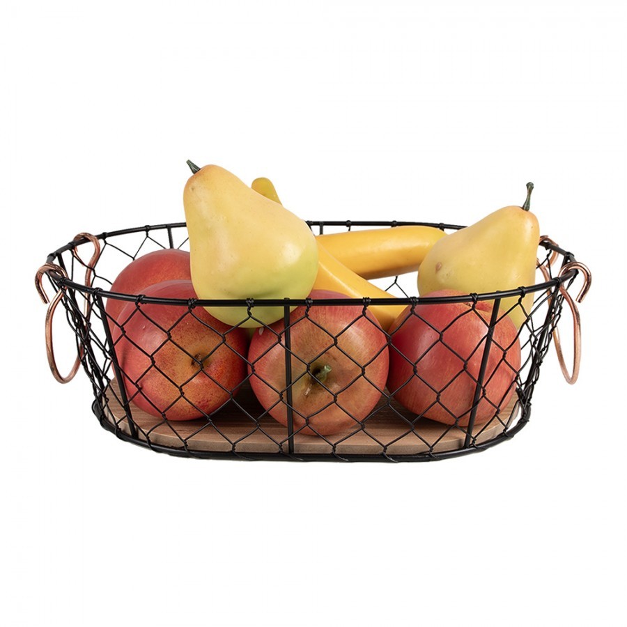 Černý drátěný úložný oválný koš s dřevěným dnem - 33*23*10 cm 