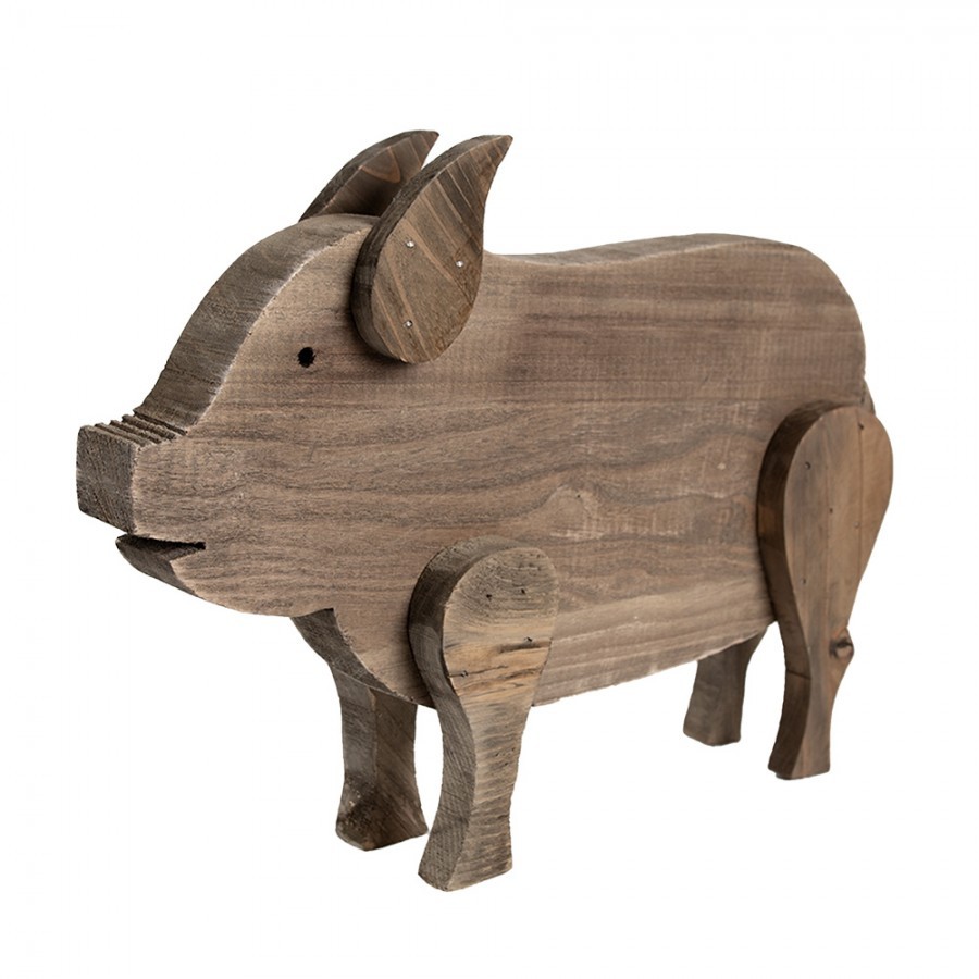 Hnědá antik dekorativní dřevěná figurka prasátko - 42*9*28 cm
