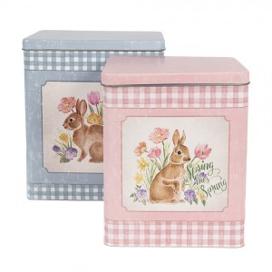 2ks károvaný plechový úložný box s králíčky - 21*15*25 / 18*13*22 cm