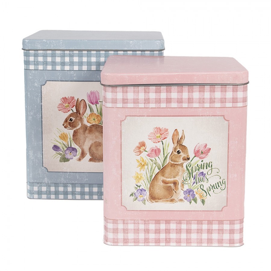2ks károvaný plechový úložný box s králíčky - 21*15*25 / 18*13*22 cm