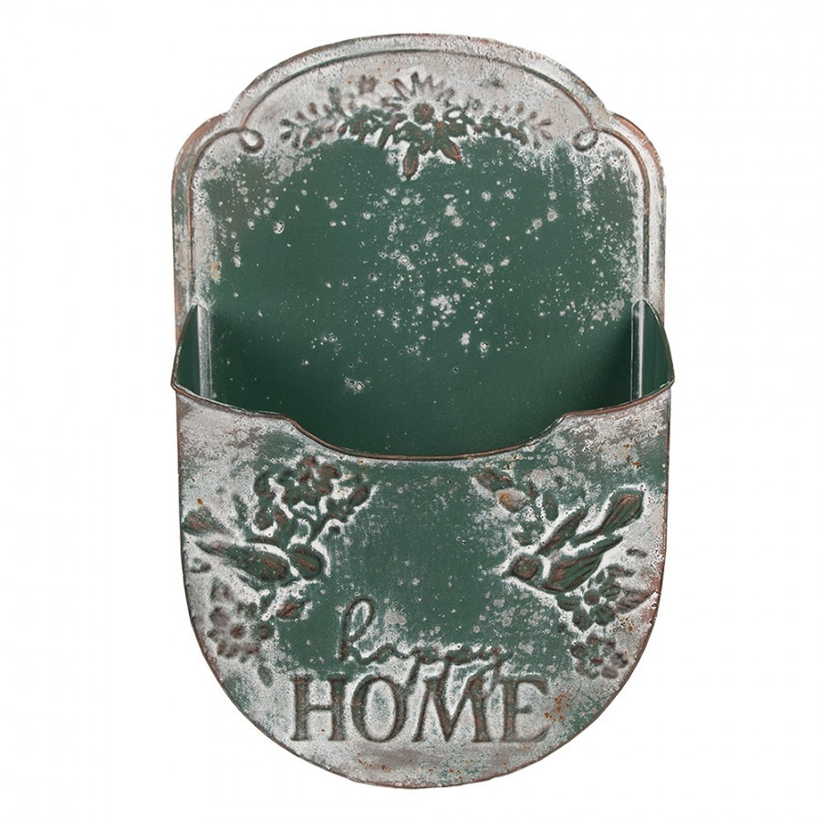 Zelený antik plechový nástěnný držák na květiny Happy Home - 28*9*41 cm Clayre & Eef