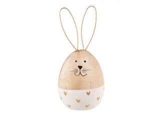 Bílo-hnědá dřevěná dekorativní figurka vejce králík - Ø 6*14 cm 