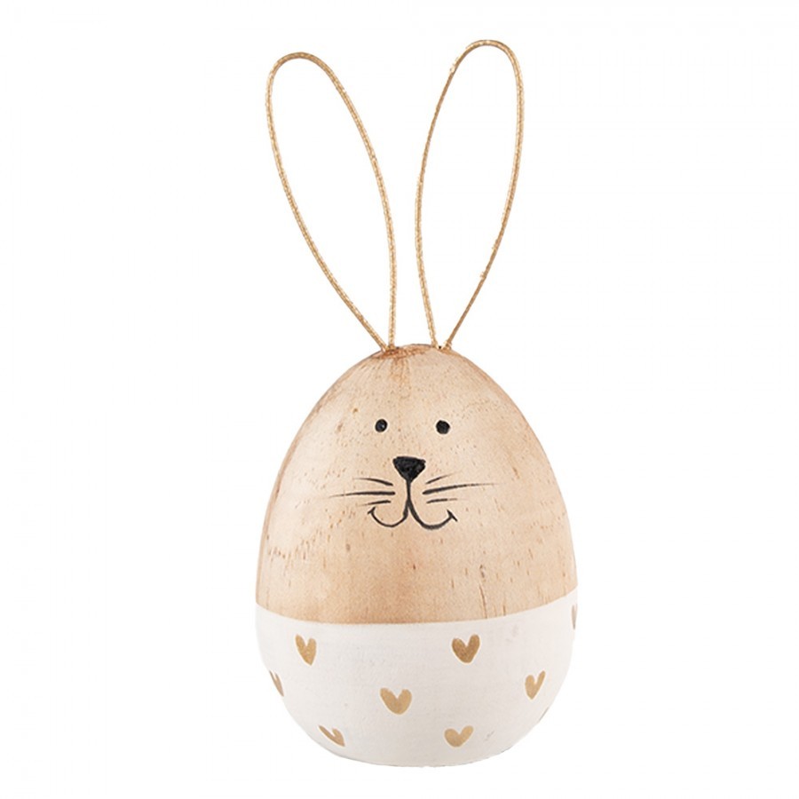 Bílo-hnědá dřevěná dekorativní figurka vejce králík - Ø 6*14 cm 