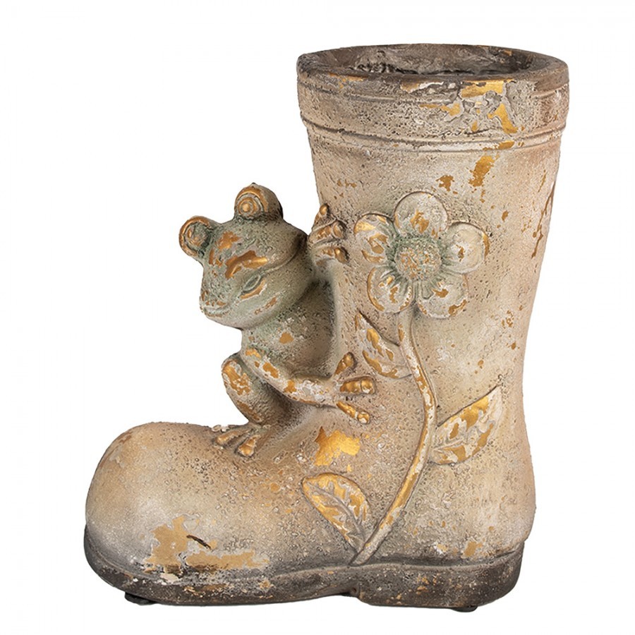 Dekorativní květináč vysoká bota s květinou a žabkou - 26*15*30 cm Clayre & Eef