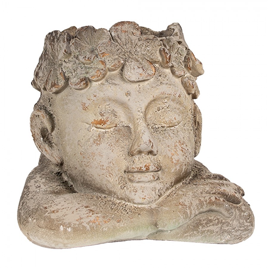 Šedo-béžový antik květináč hlava chlapce s květy - 20*20*19 cm Clayre & Eef