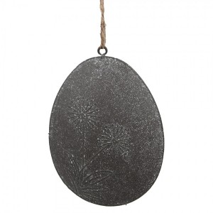 Šedé plechové závěsné vajíčko s kytičkou - 10*2*8 cm