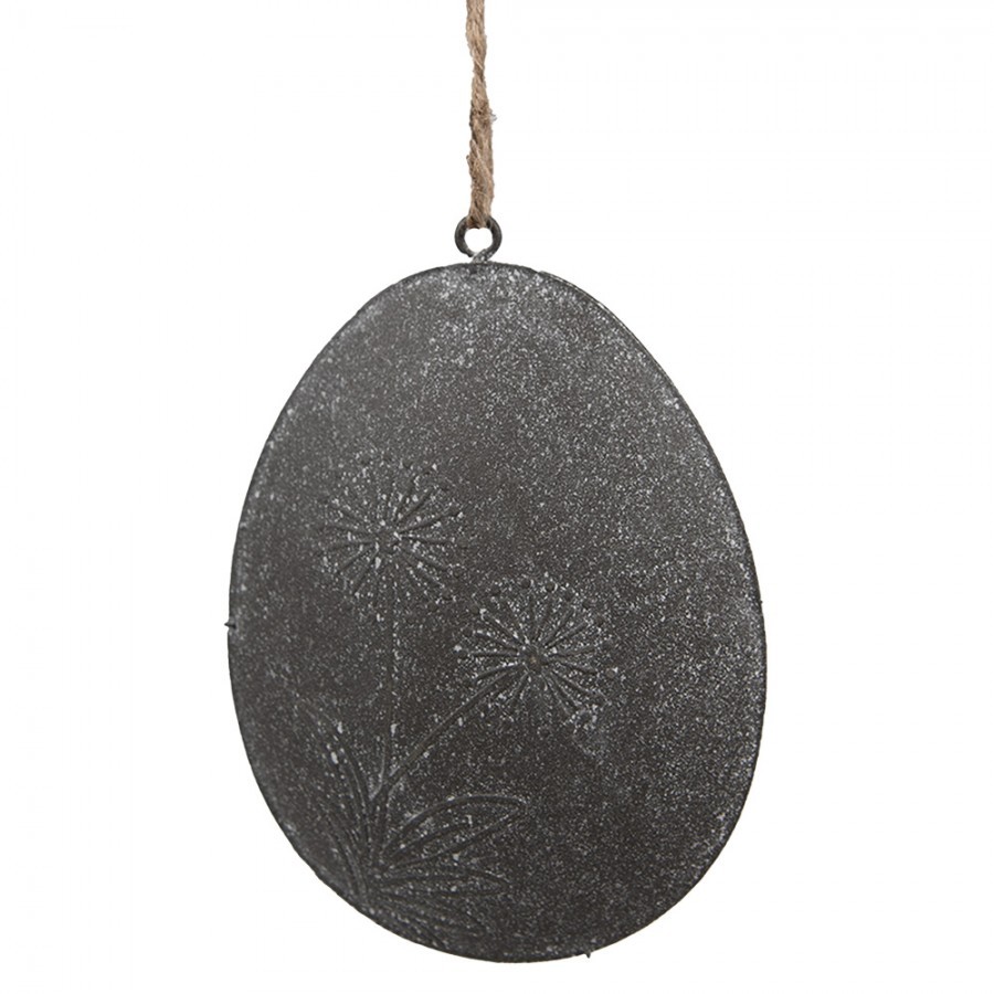 Šedé plechové závěsné vajíčko s kytičkou - 10*2*8 cm