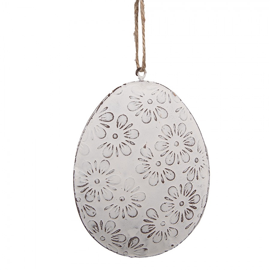 Bílé antik plechové závěsné vajíčko s kytičkama - 10*2*8 cm
