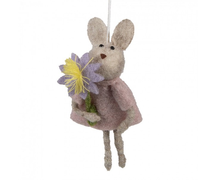 Šedý plstěný závěsný králíček s kytičkou Magiccal - 11 cm 
